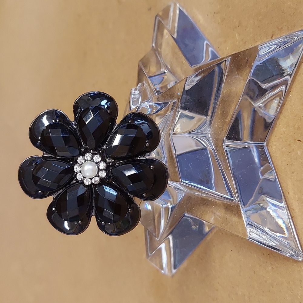 Vintage Black Enamel, Pearl & Crystal Floral Statement Ring